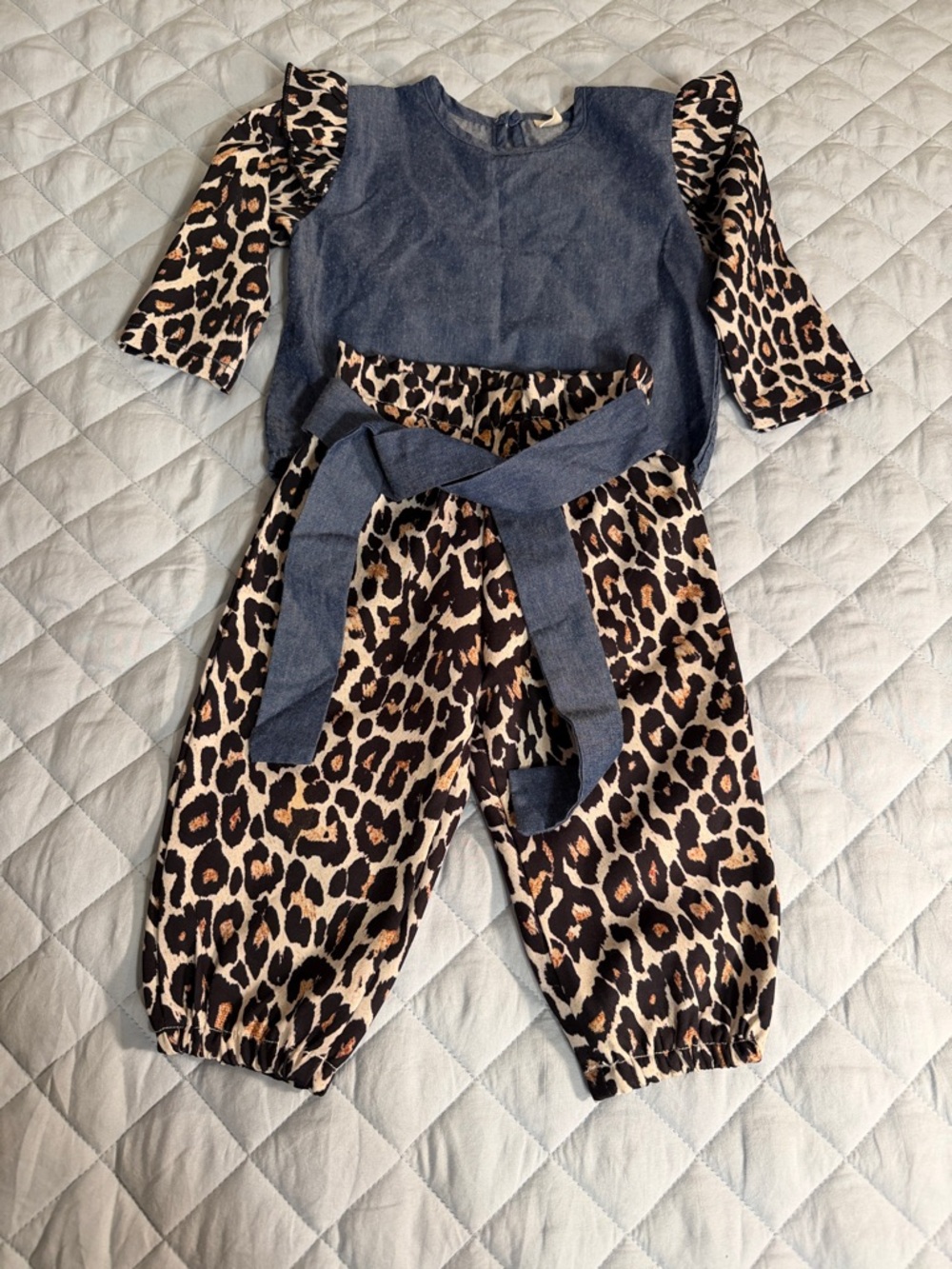 Leopard Print Two-Piece Outfit with Blue Top